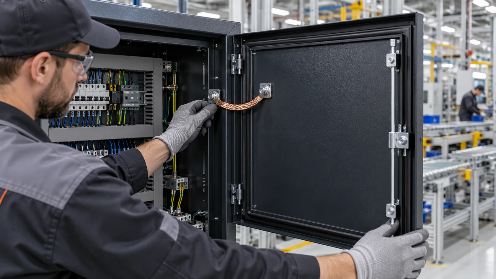 Powder-coated enclosure door bonded to its chassis with a flexible braided strap