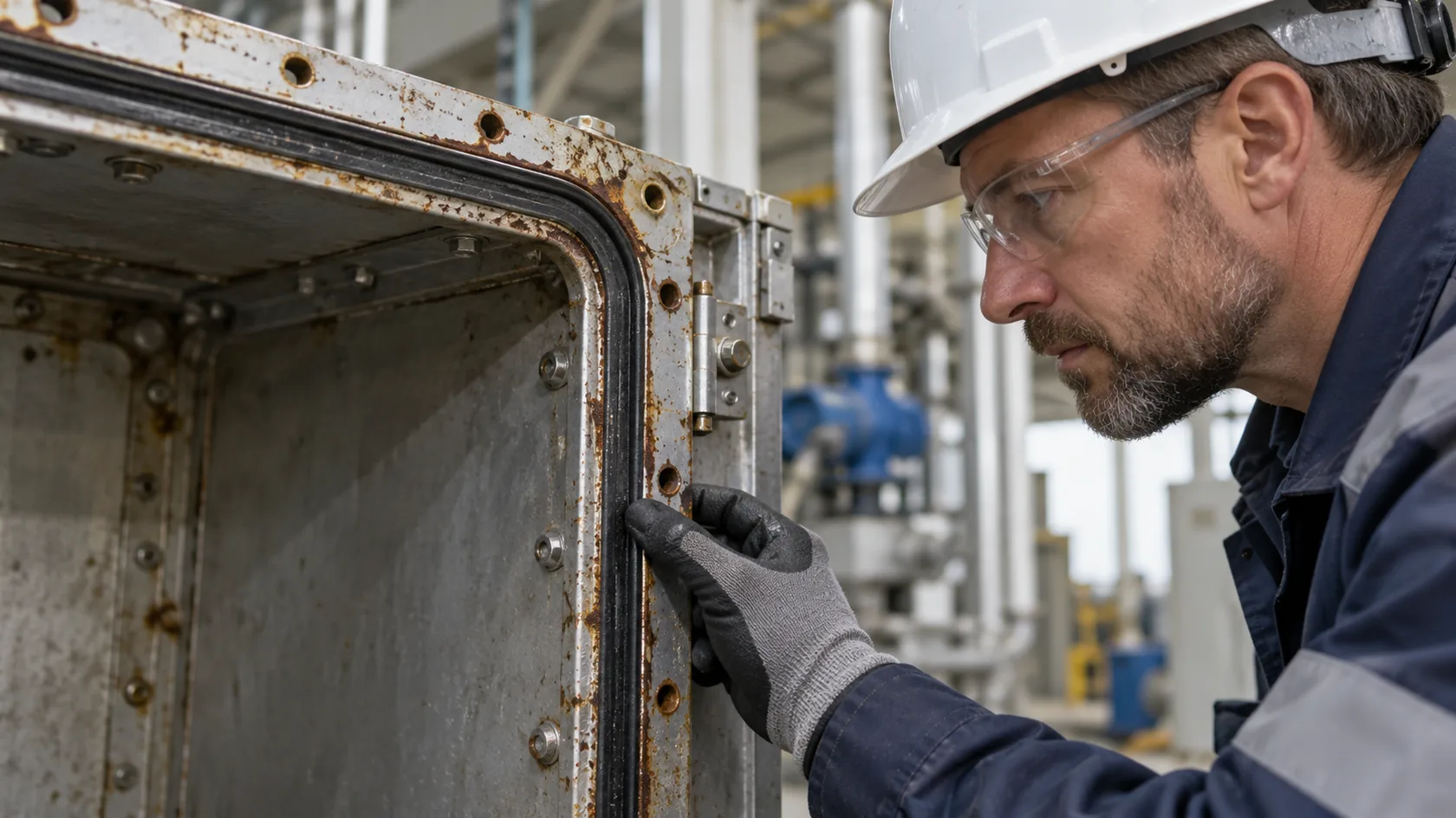 Engineer inspecting a weather seal and enclosure flange for corrosion