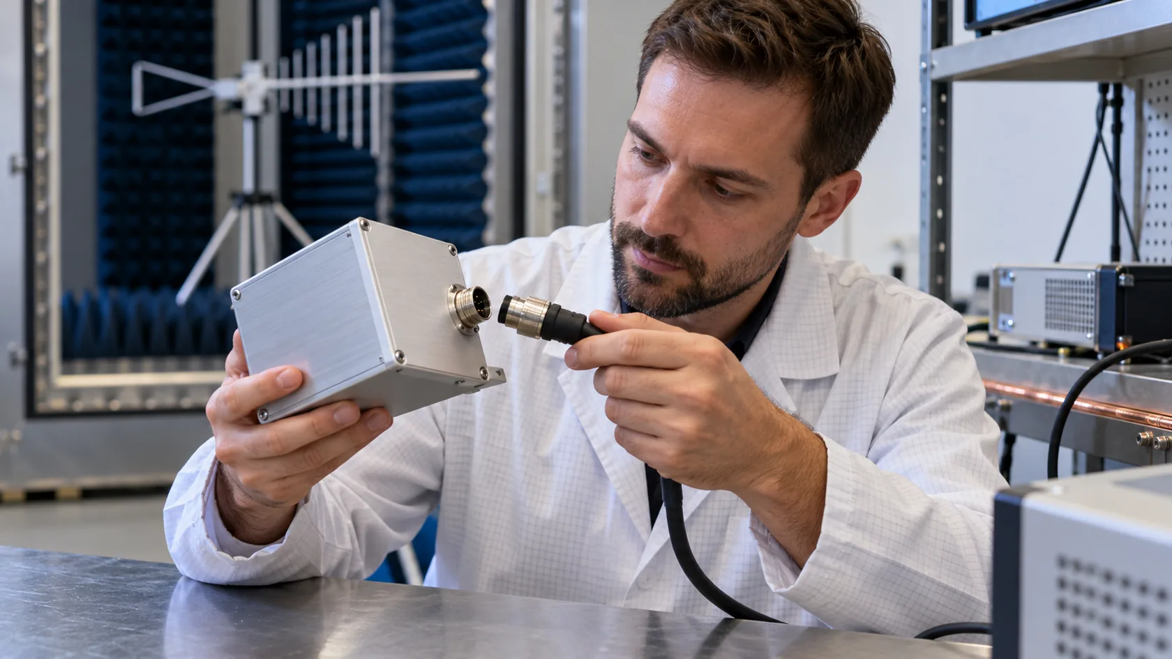 Quality engineer checking an assembled aluminum enclosure and cable connector