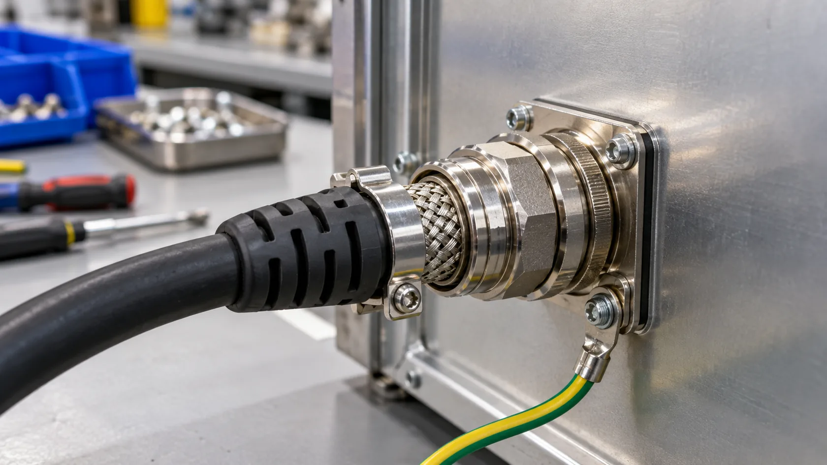 Shielded cable connector installed through a grounded metal enclosure wall during assembly