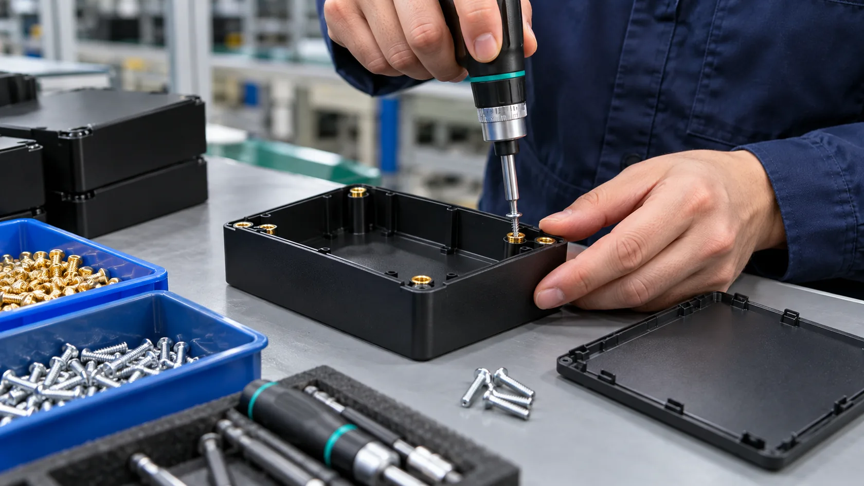 Technician assembling ABS enclosure with threaded inserts screws and snap fit lid