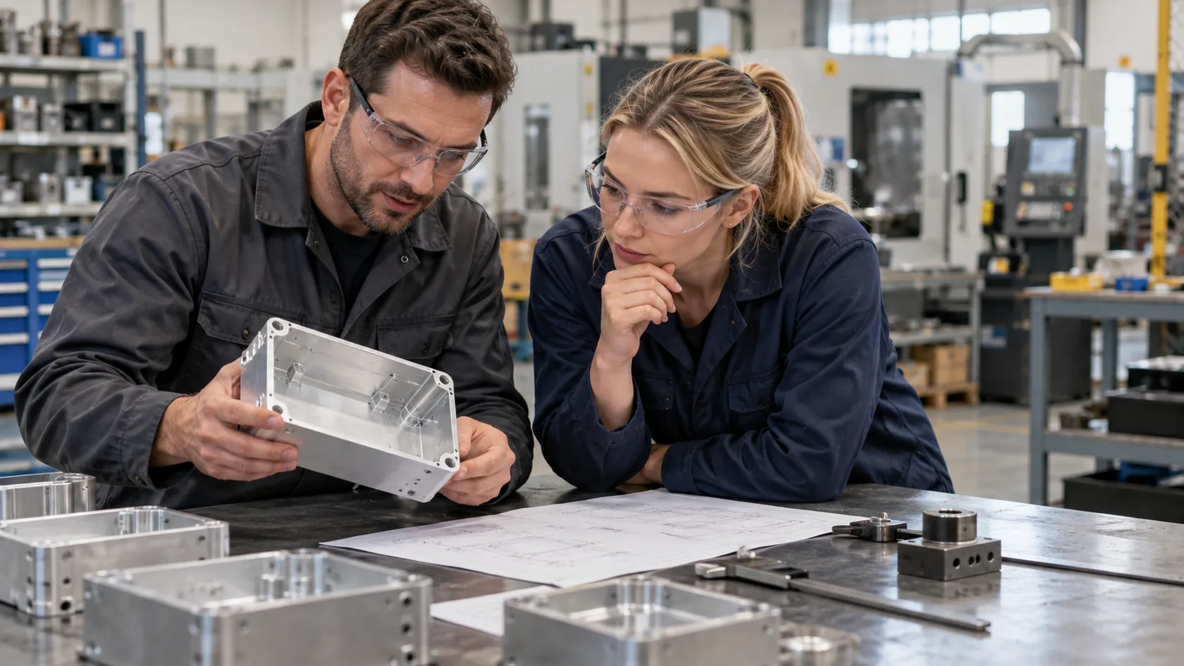 Engineers reviewing an enclosure sample and manufacturing drawings