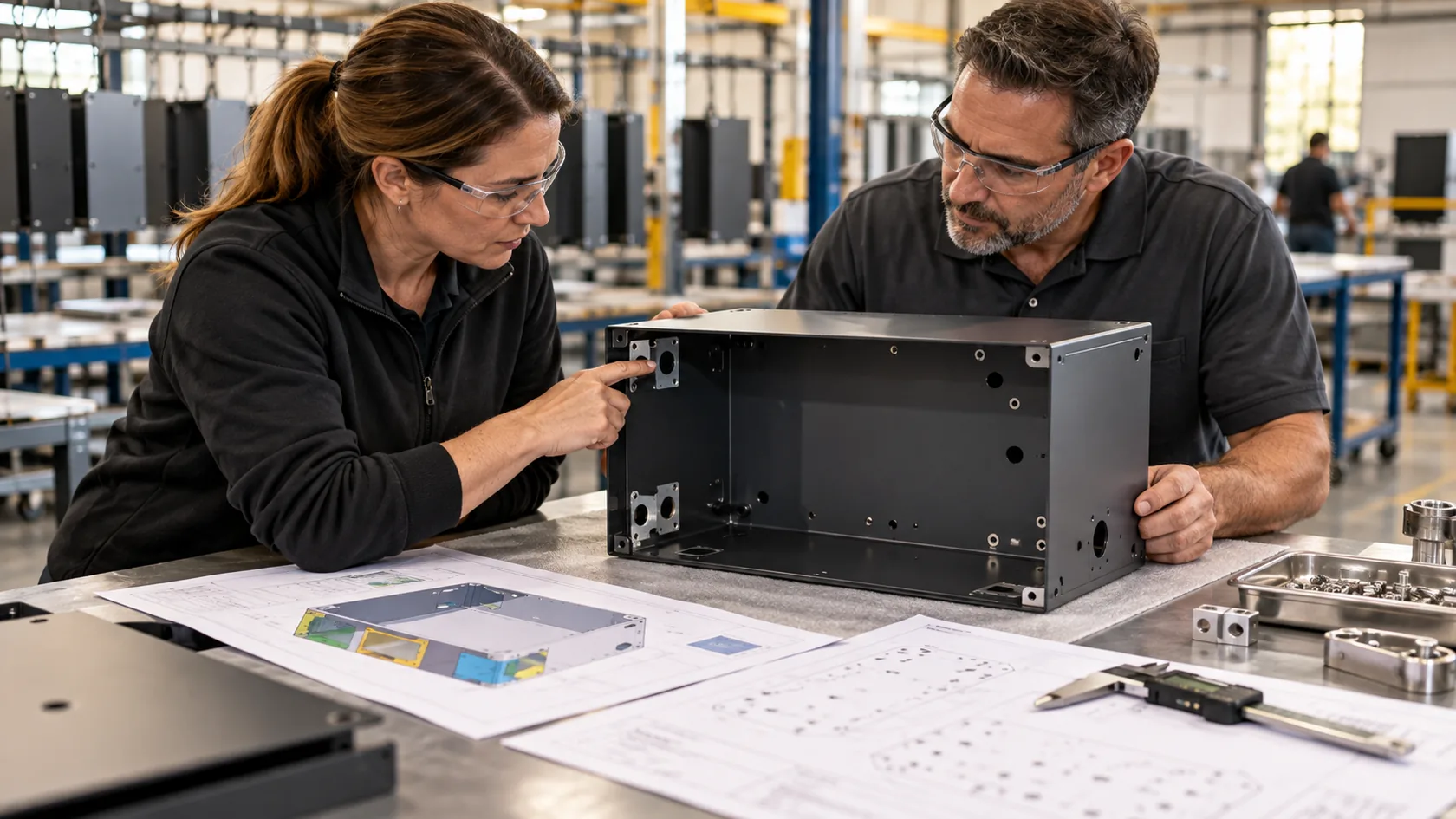 Engineering and quality teams reviewing a powder-coated enclosure first article and finish map