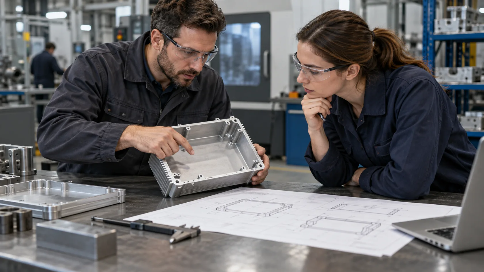 Engineers reviewing an aluminum enclosure sample and production drawings