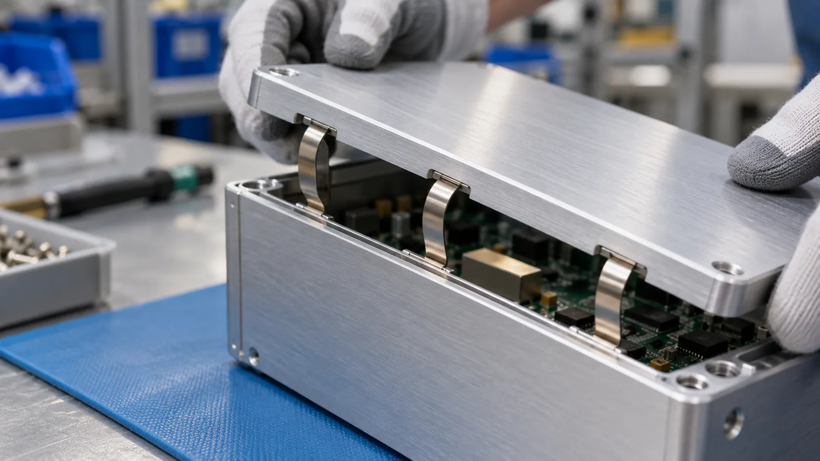 Conductive gasket installed in a machined aluminum enclosure lid groove for an EMC seam