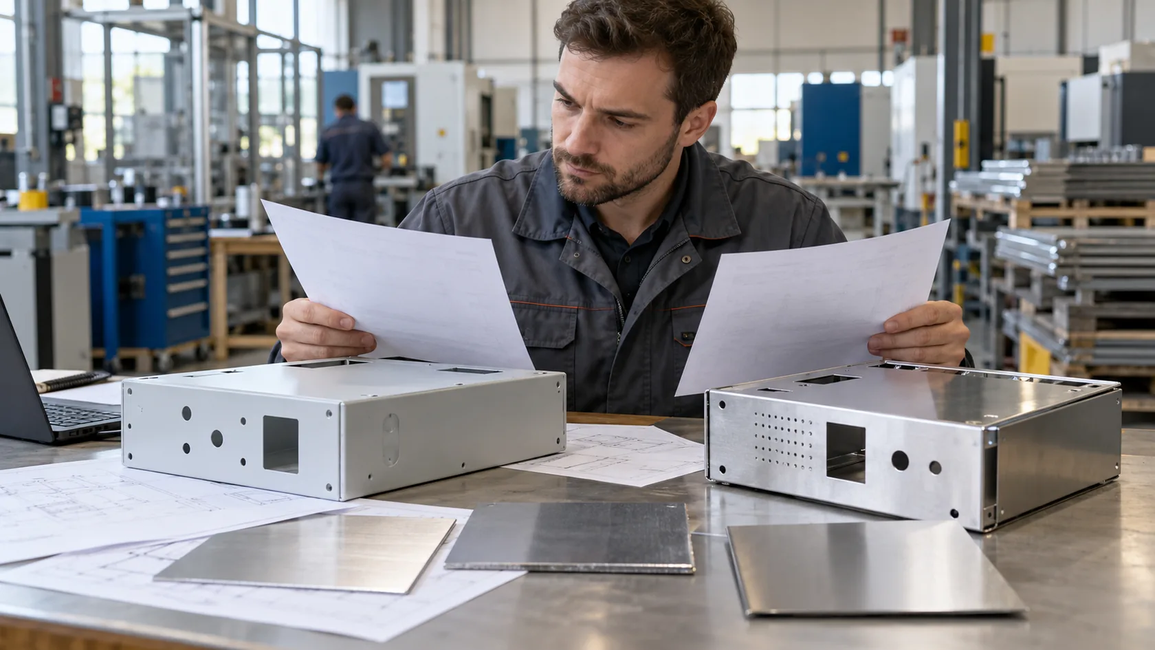 Factory engineer reviewing enclosure quotations alongside sheet metal samples