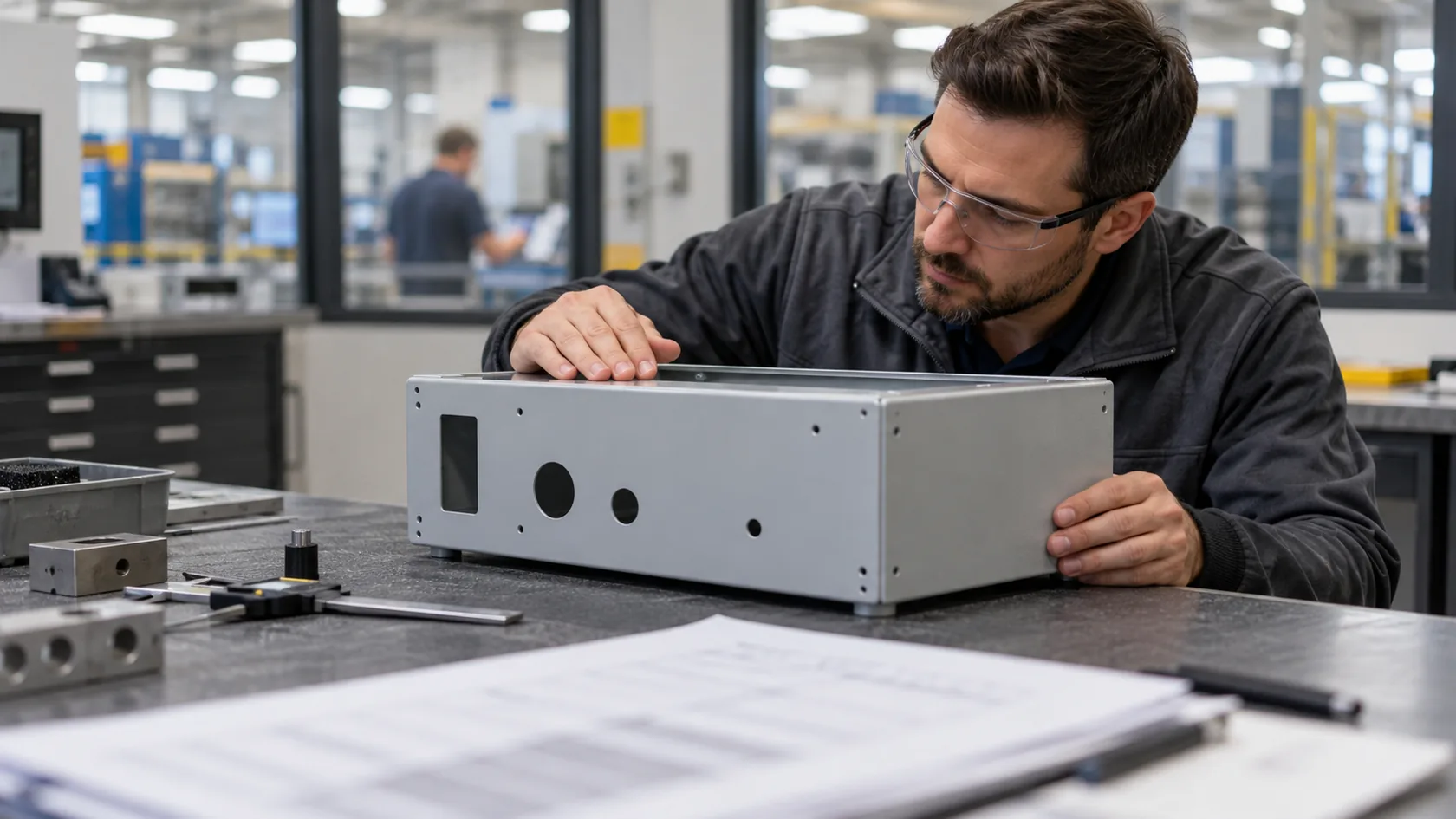 Manufacturing engineer reviewing a bonding and finish-control table beside a powder-coated enclosure first article