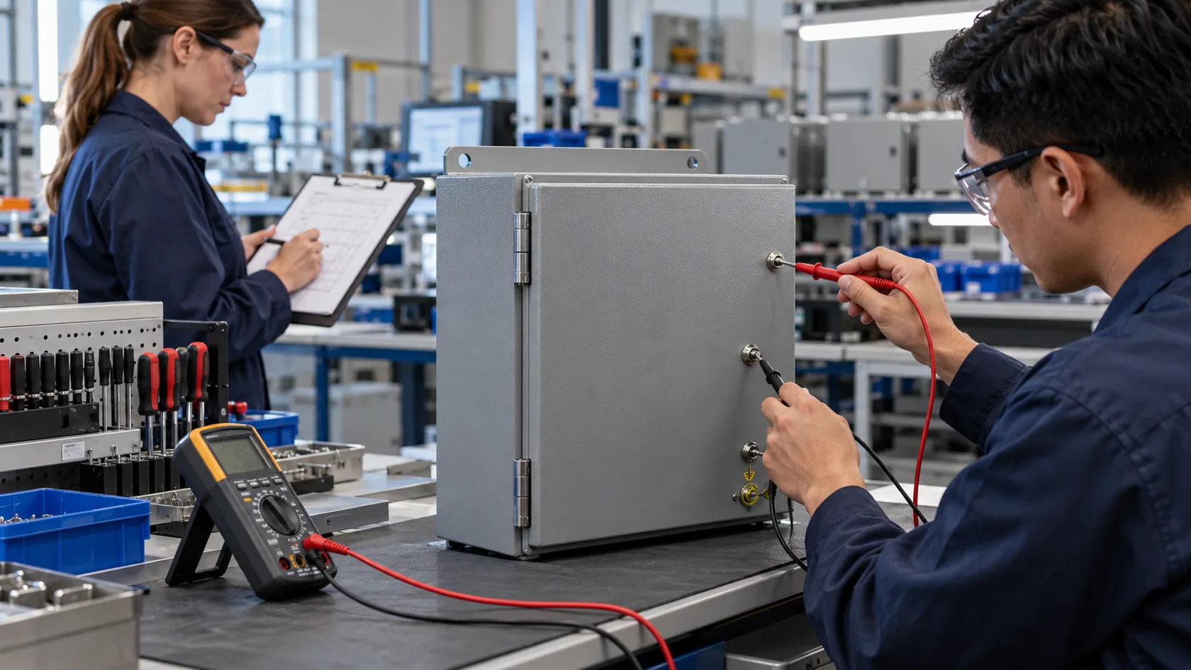 Technician checking continuity on a fully assembled powder-coated enclosure