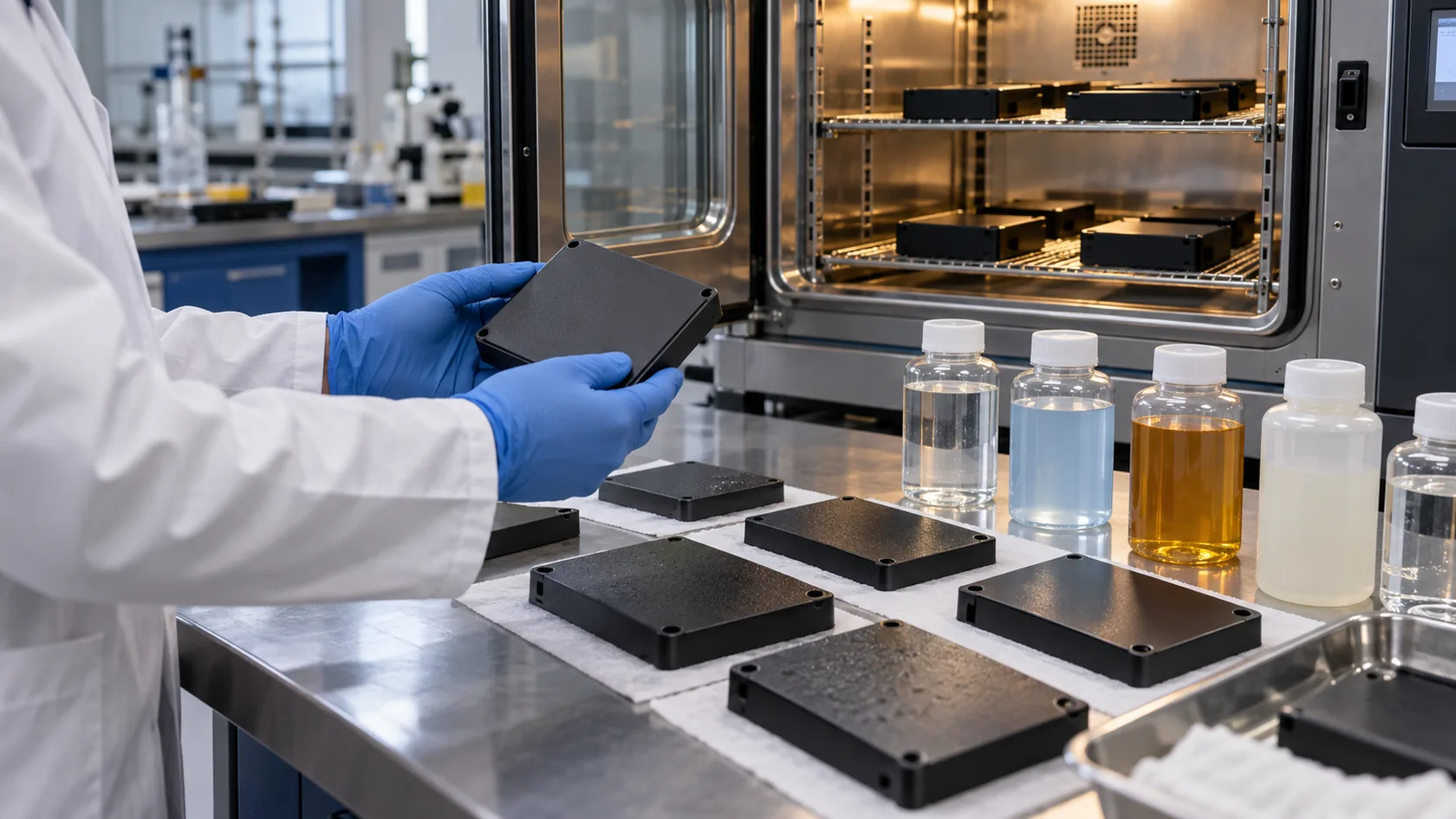Electronic enclosure samples reviewed beside heat and cleaning-fluid test equipment