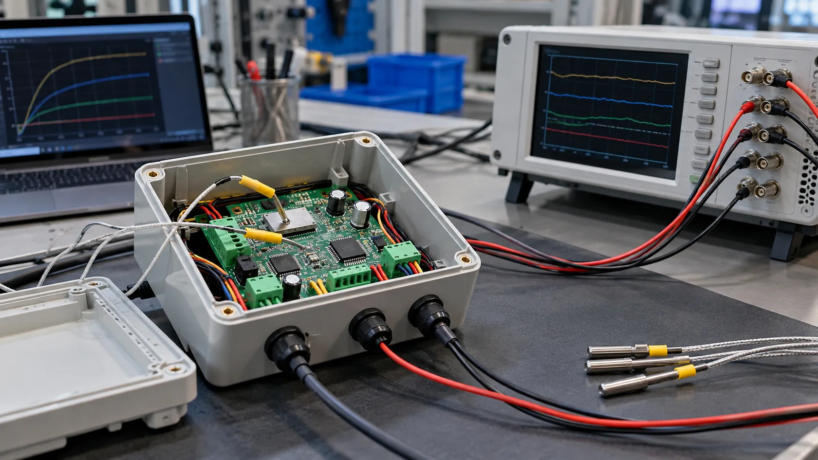 Electrical enclosure prototype with thermal test probes and controlled bench equipment