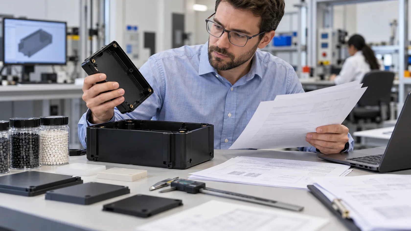 Engineer reviewing plastic material compliance documentation for an electrical enclosure