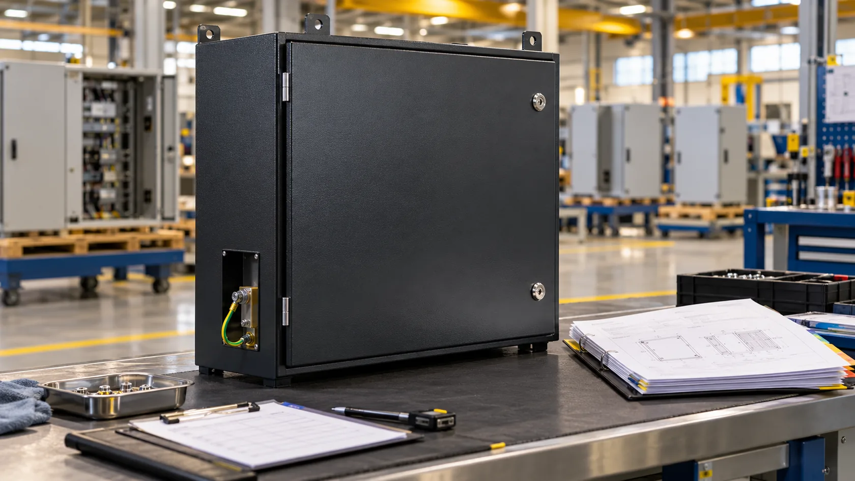 Completed powder-coated enclosure at final inspection with maintenance documentation