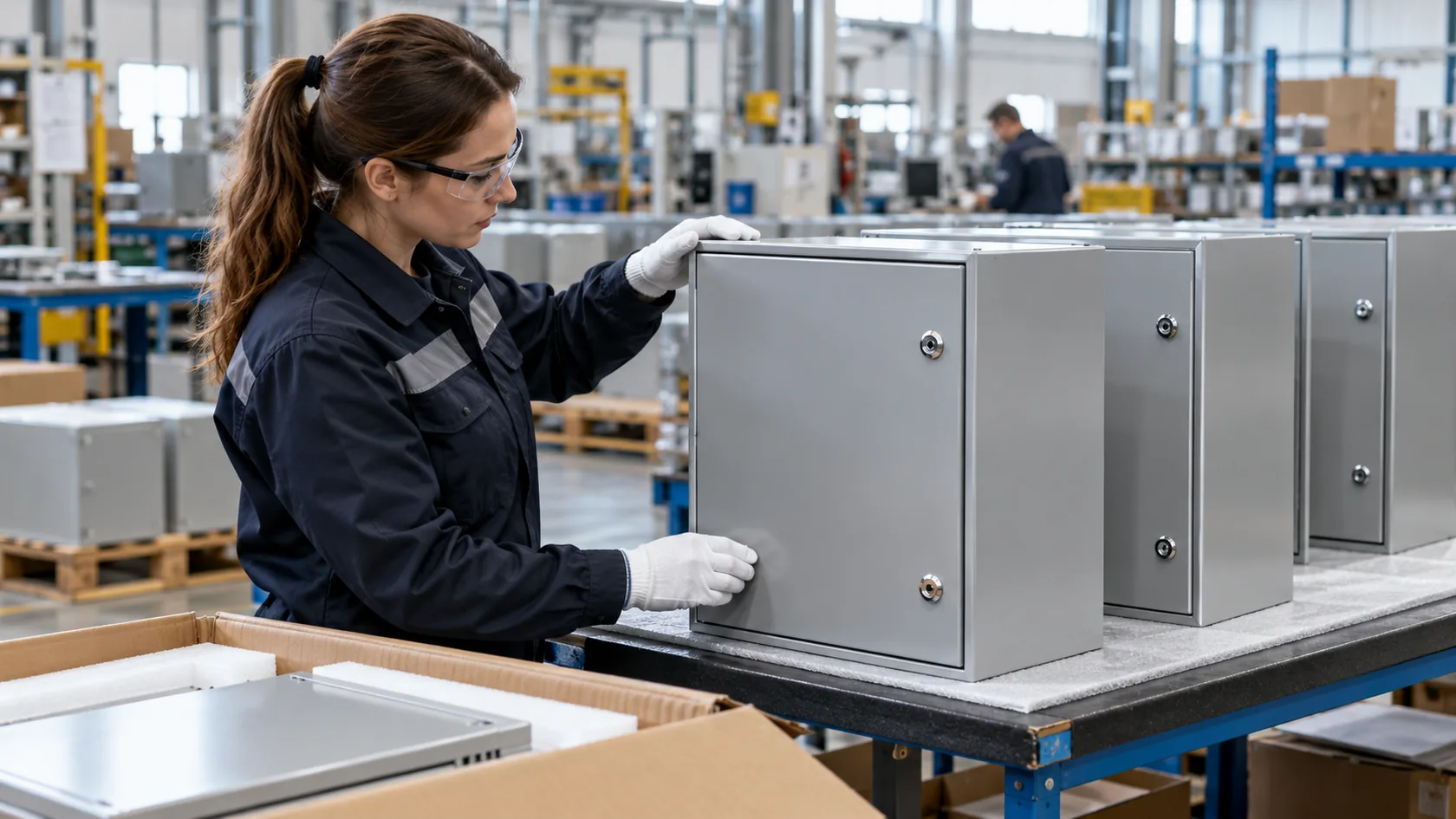 Quality technician inspecting completed metal electrical enclosures before packaging