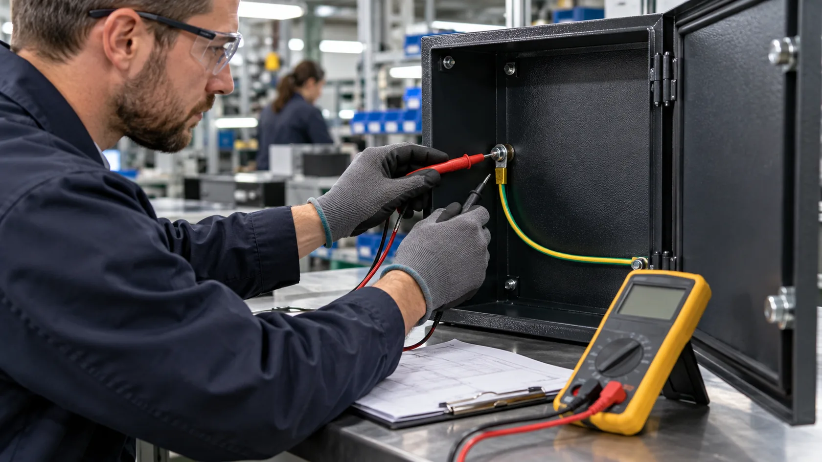 Quality engineer inspecting a fully assembled powder-coated enclosure grounding connection with test probes and production documents