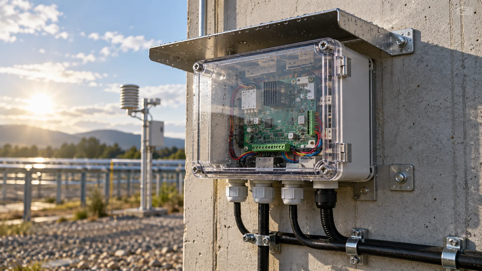 Outdoor wall mounted polycarbonate enclosure with cable glands and protective sun exposure testing setup