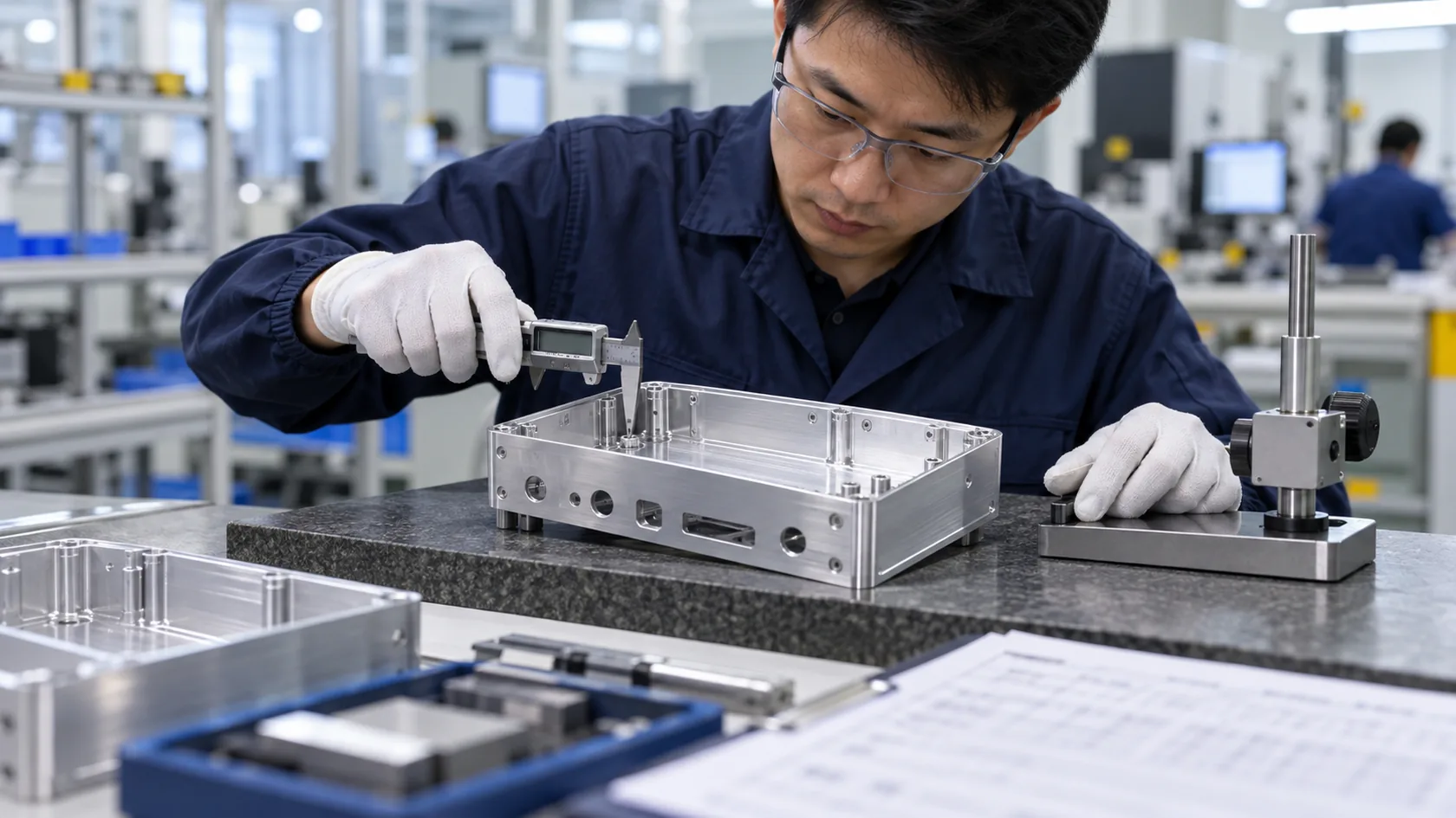 Quality engineer measuring enclosure flatness and bonding surfaces on a first article sample