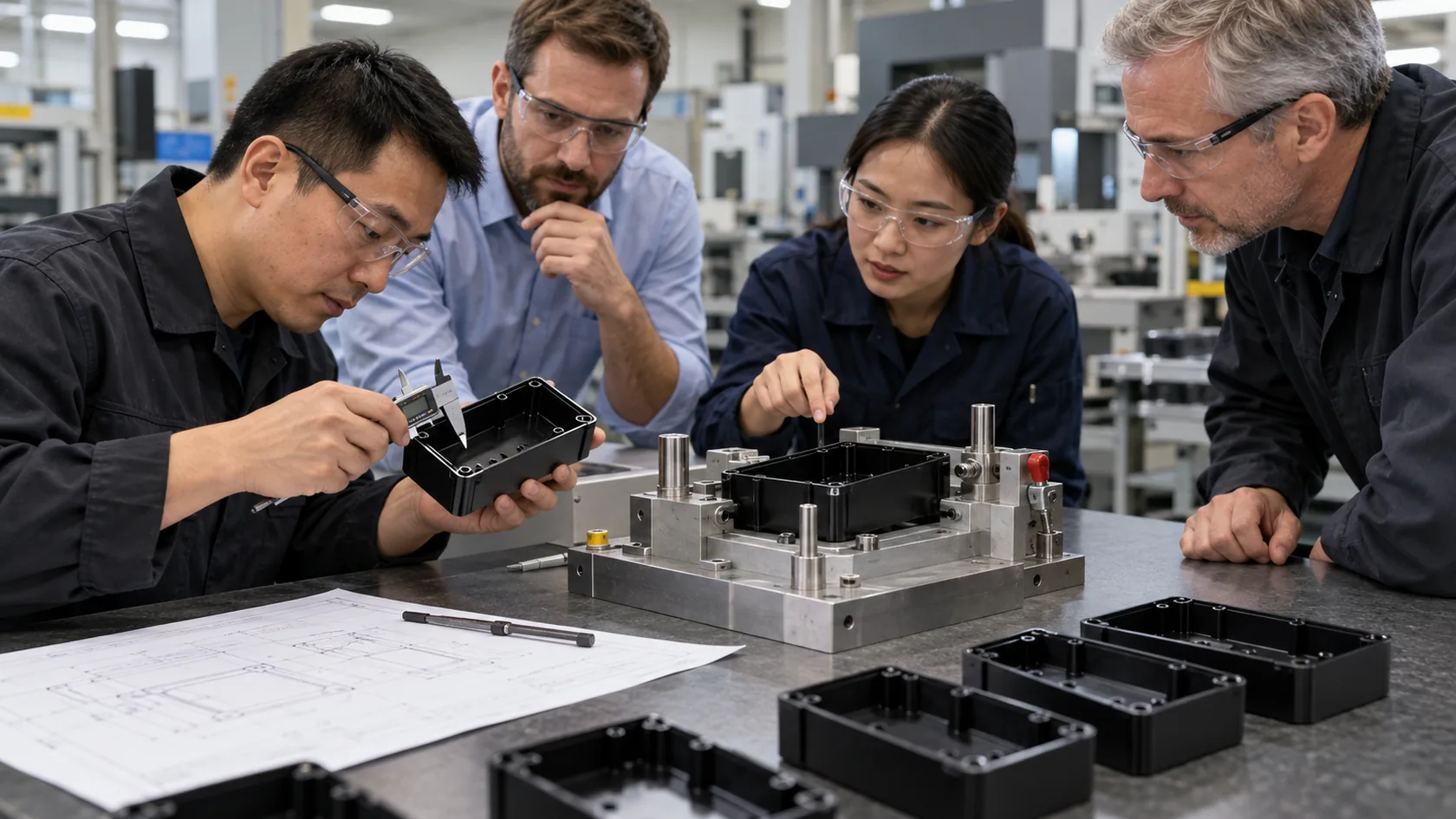 Factory team reviewing ABS enclosure first articles in a dimensional measurement fixture