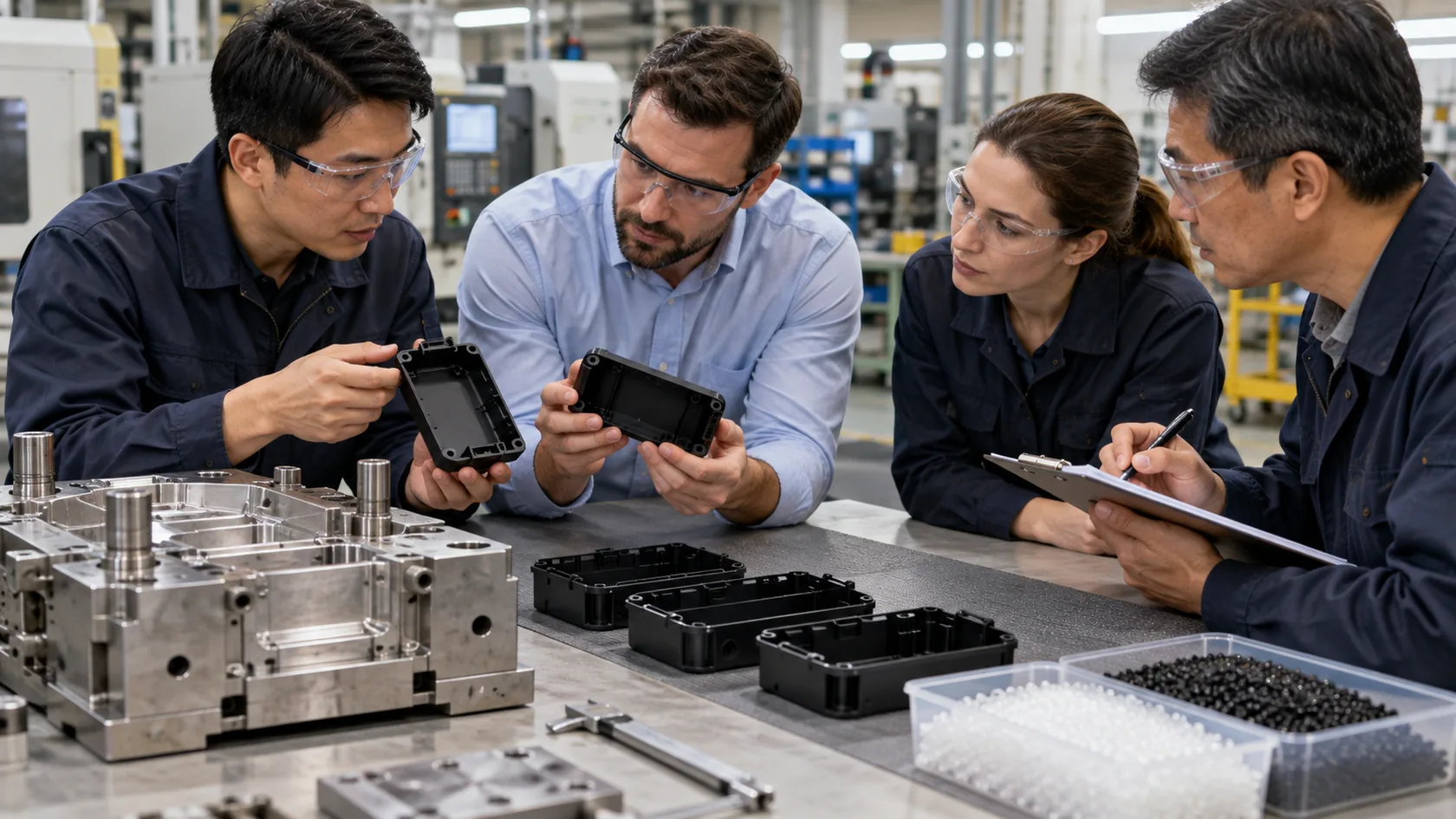 Manufacturing team comparing enclosure trial parts with tooling and cost records