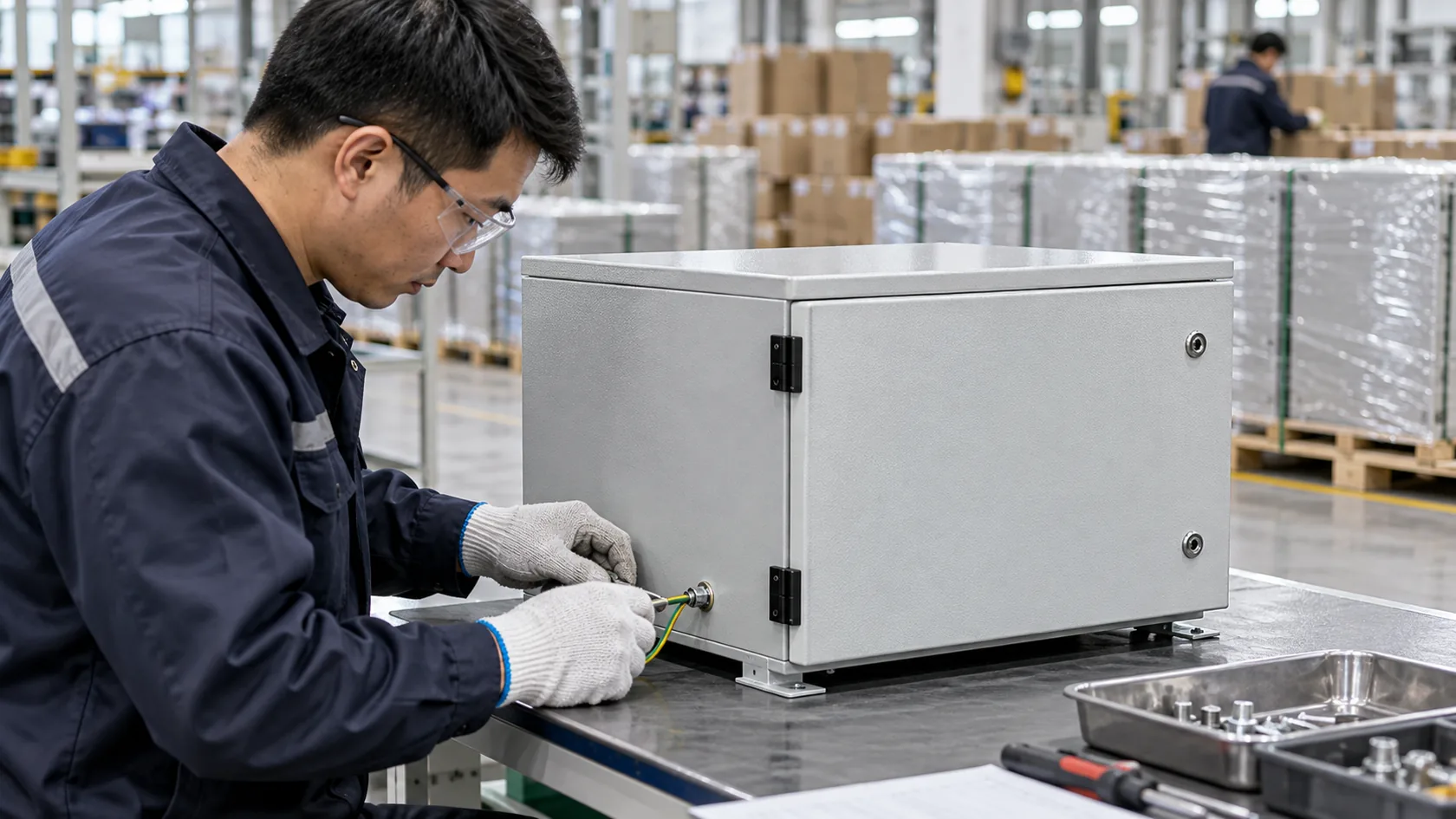Completed powder-coated industrial enclosure receiving final grounding and assembly inspection before shipment