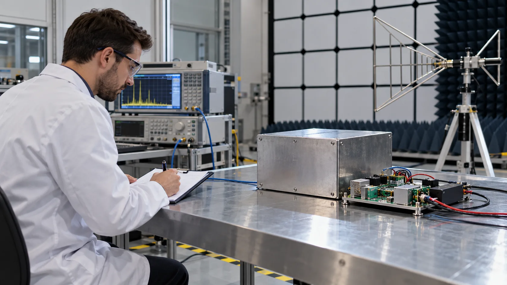 EMC lab technician documenting a complete electronic product test setup beside an enclosure sample