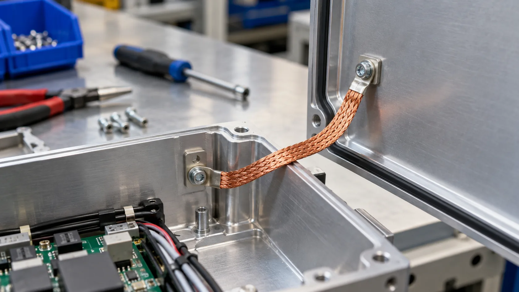Powder-coated aluminum enclosure with masked bonding lands highlighted at fastener points