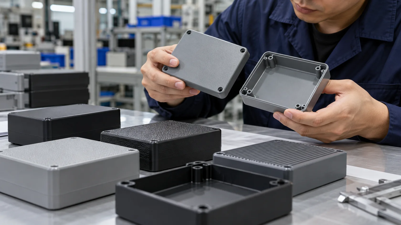 PC ABS blend enclosure samples in different textures being reviewed for an electronics product line
