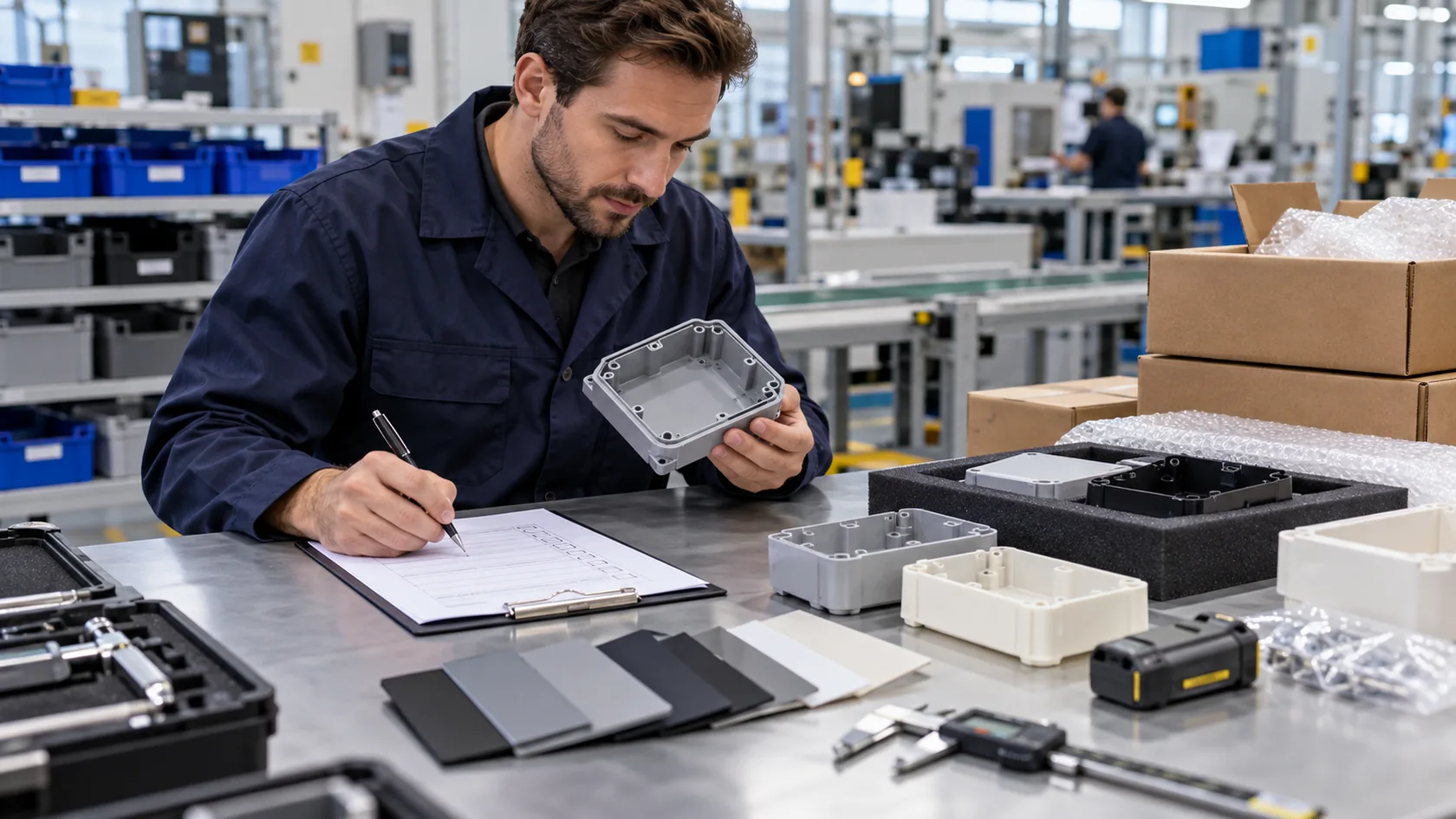 Engineer documenting ABS enclosure material validation and quality checklist