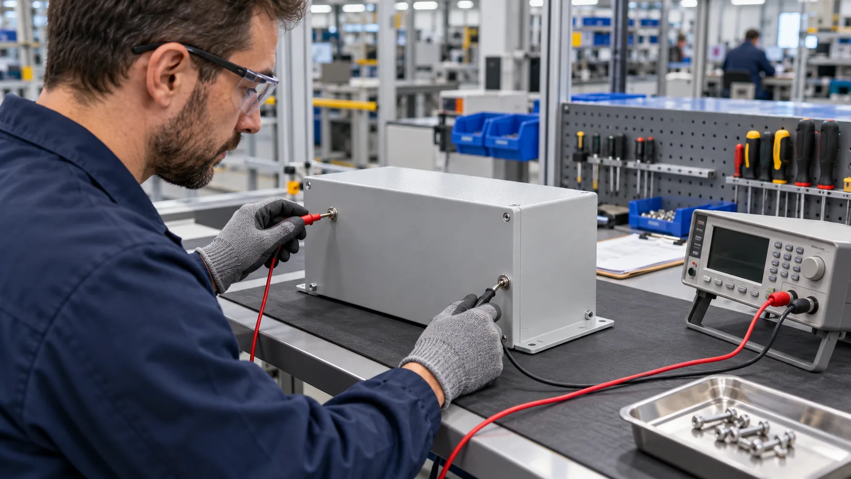 Quality engineer testing bonding continuity on a completed industrial enclosure