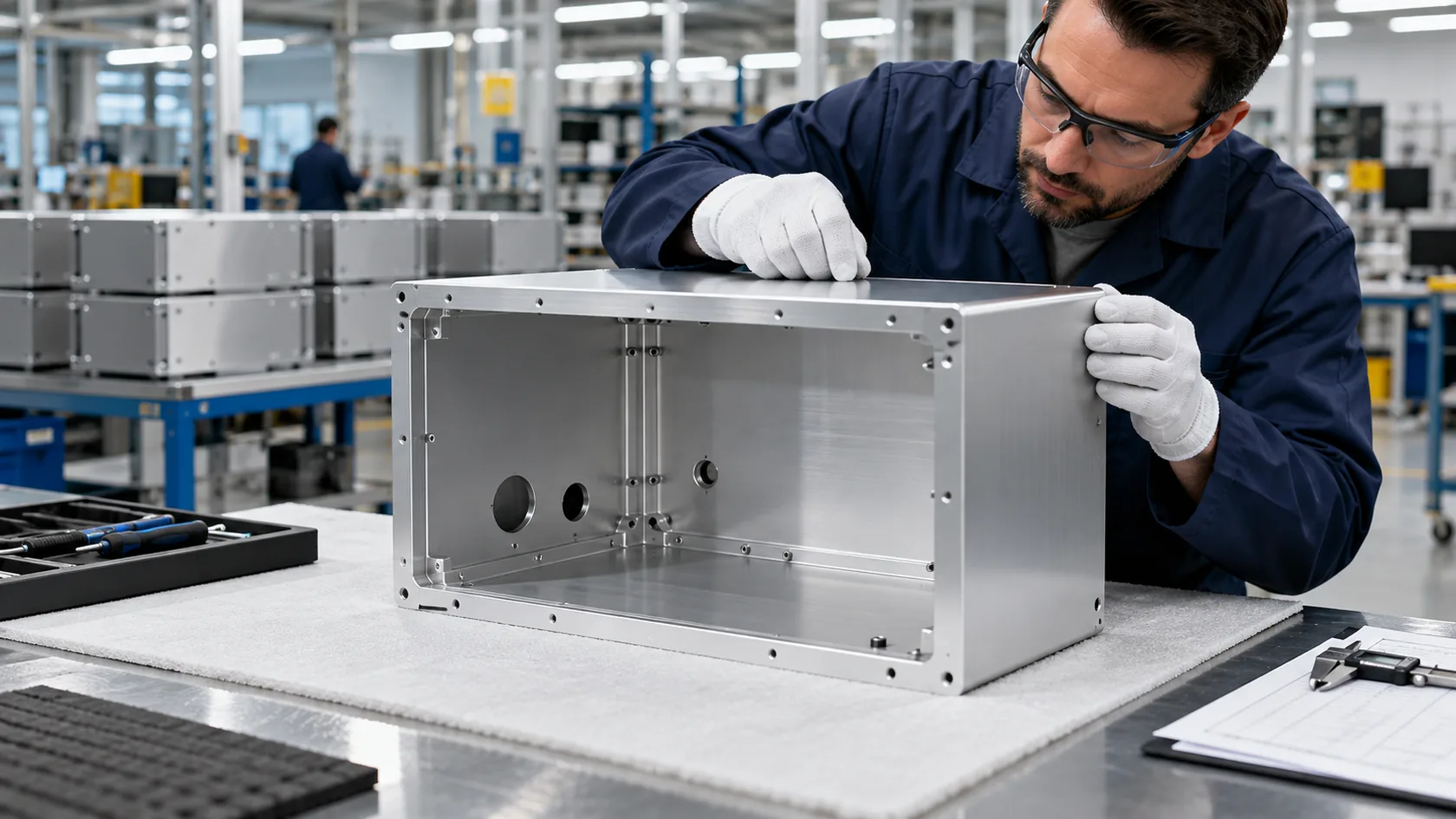 Shielded cable connector mounted to bonded aluminum enclosure wall during prototype review