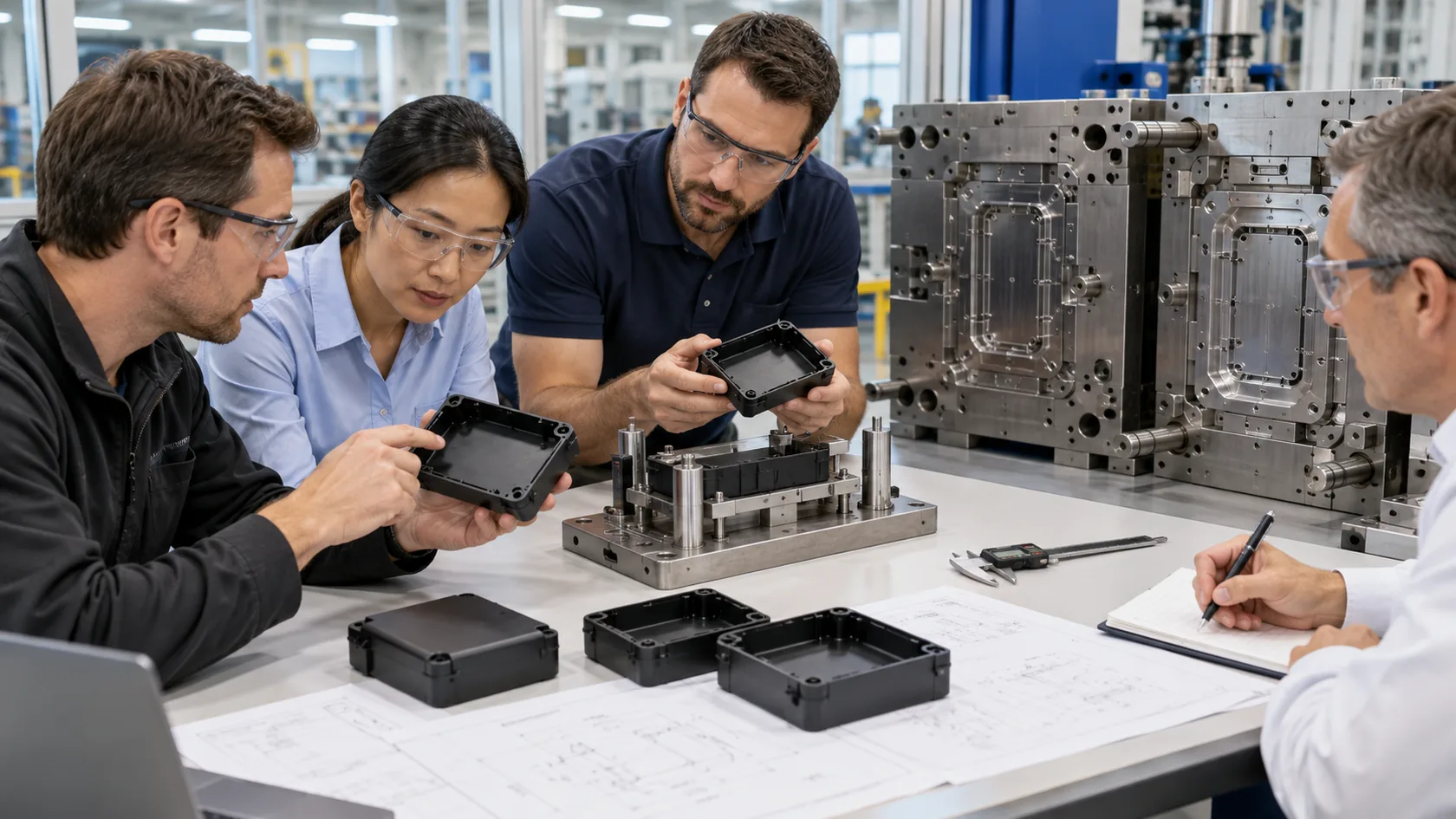 Cross-functional team validating ABS enclosure samples with a measurement fixture