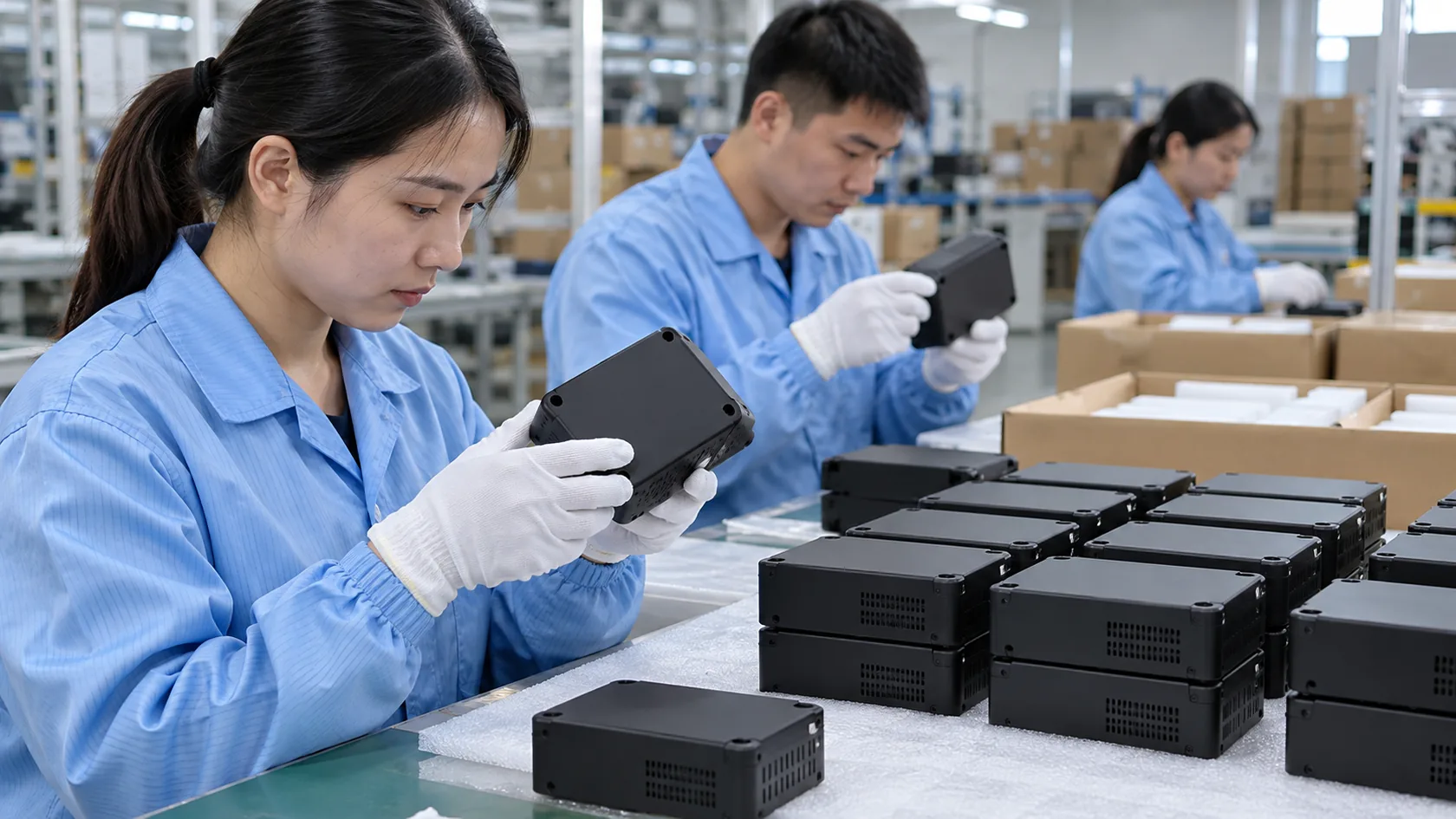 Finished ABS electronic enclosures undergoing final fit and visual inspection before packing