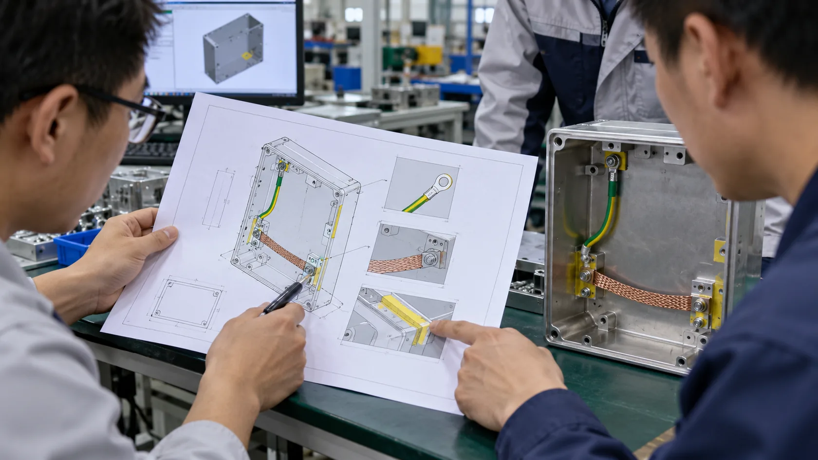 Engineering team reviewing enclosure drawing with earth terminal and bonding points beside a first article