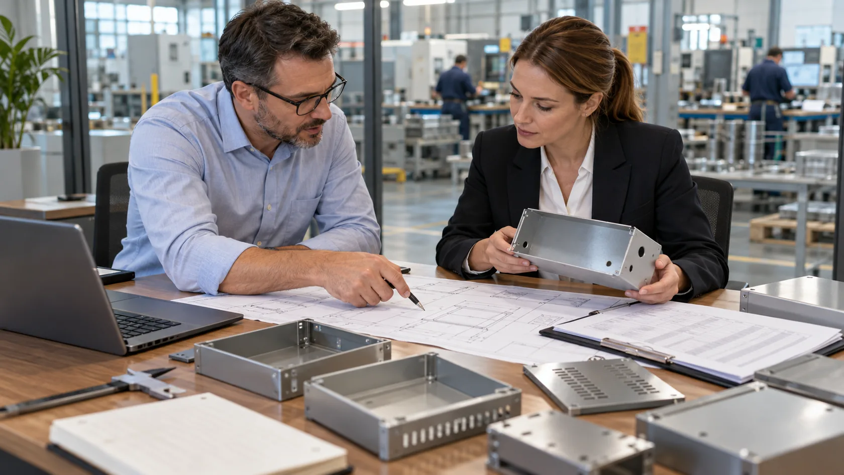 Procurement and engineering team comparing detailed enclosure quotations and technical drawings