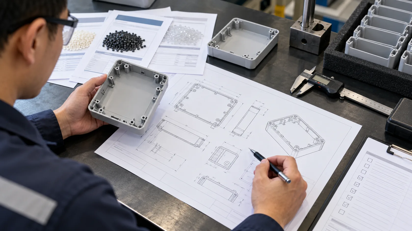 Quality engineer reviewing material datasheets and enclosure drawing before injection mold approval