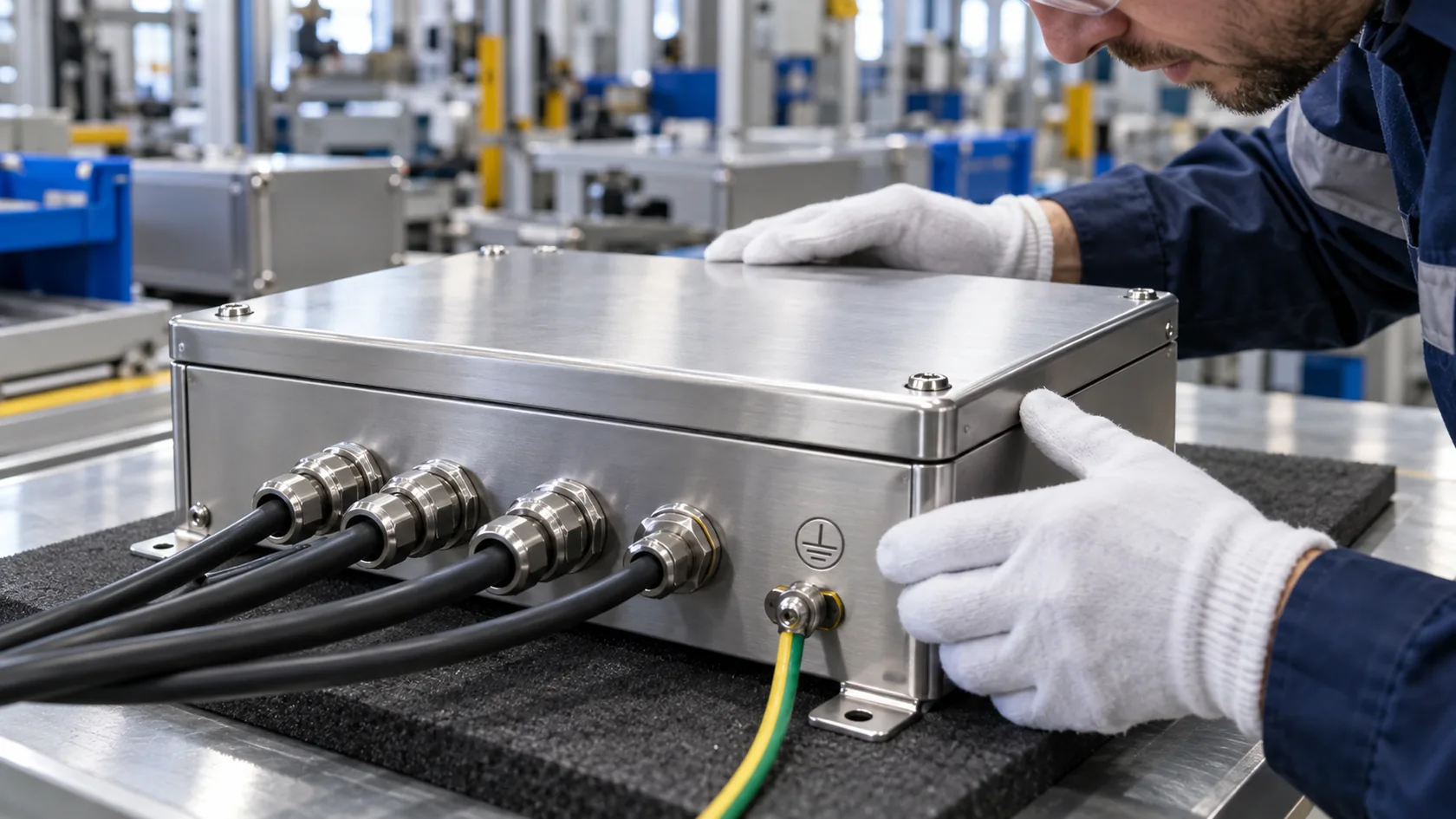 Completed industrial enclosure receiving final inspection before shipment