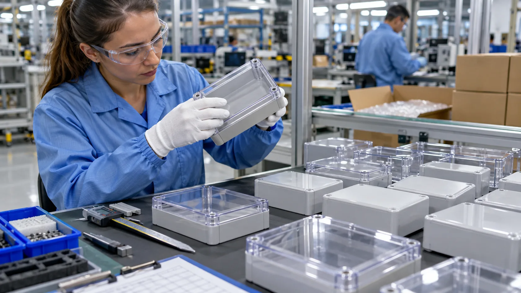 Finished custom electronic enclosures in polycarbonate and ABS receiving final quality inspection before shipment
