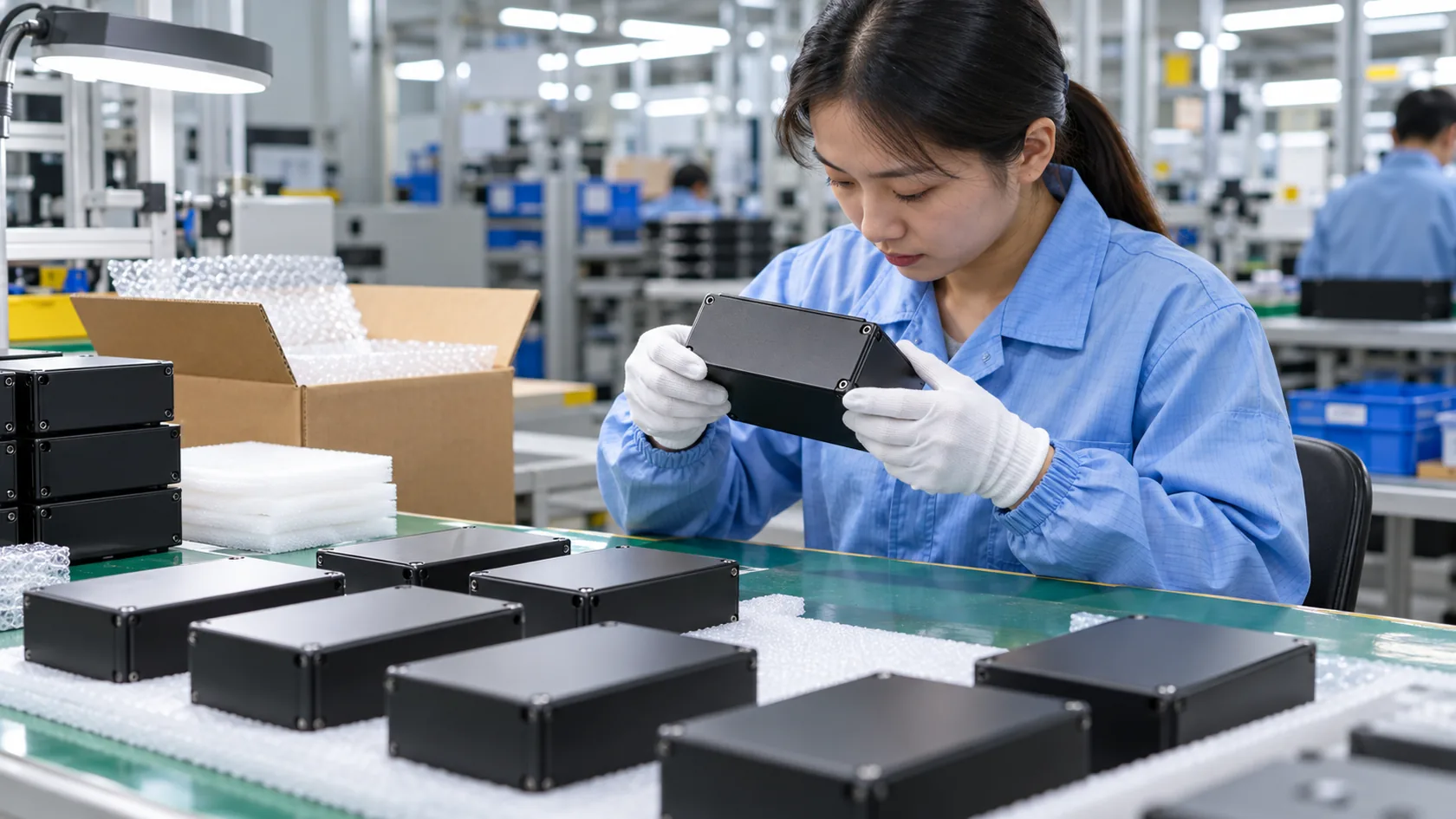 Finished electronic enclosure samples receiving final fit and quality inspection