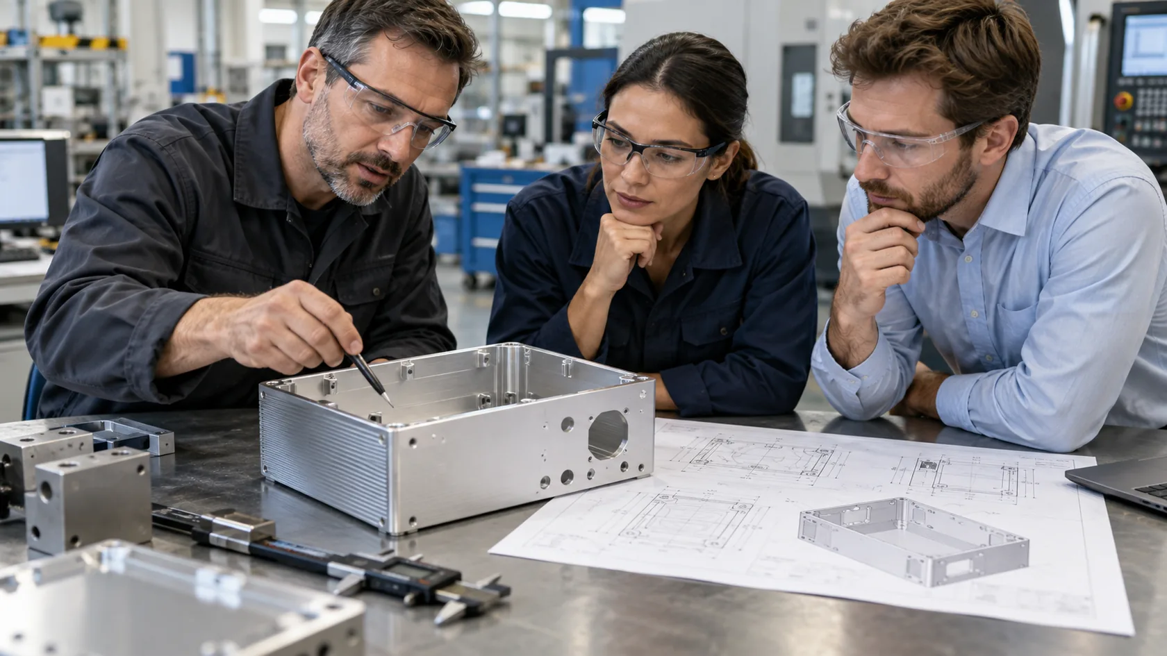 Engineering team reviewing an approved EMC enclosure drawing and first article at a factory bench