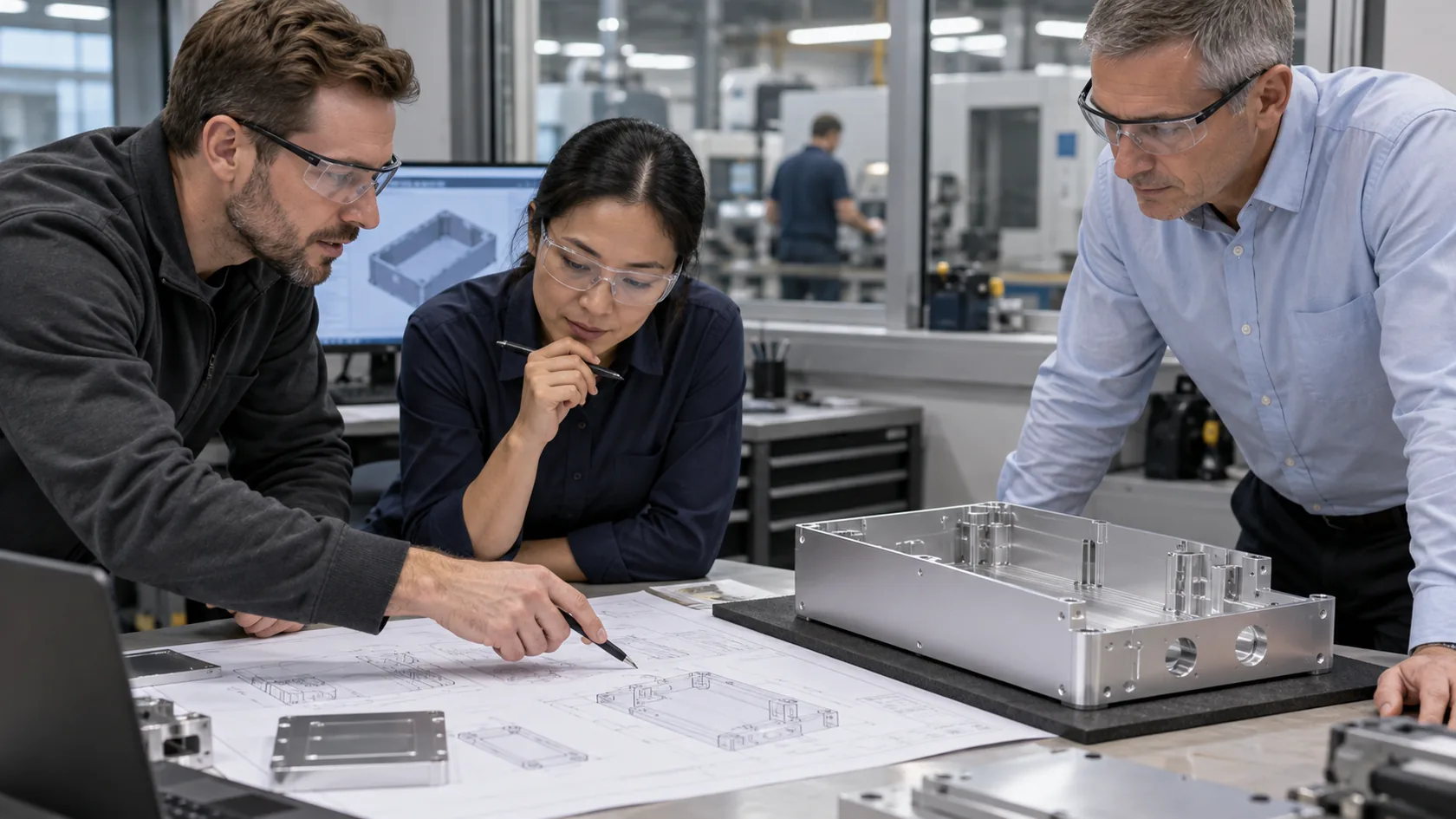 Environmental test technician inspecting aluminum enclosure bond points after humidity exposure