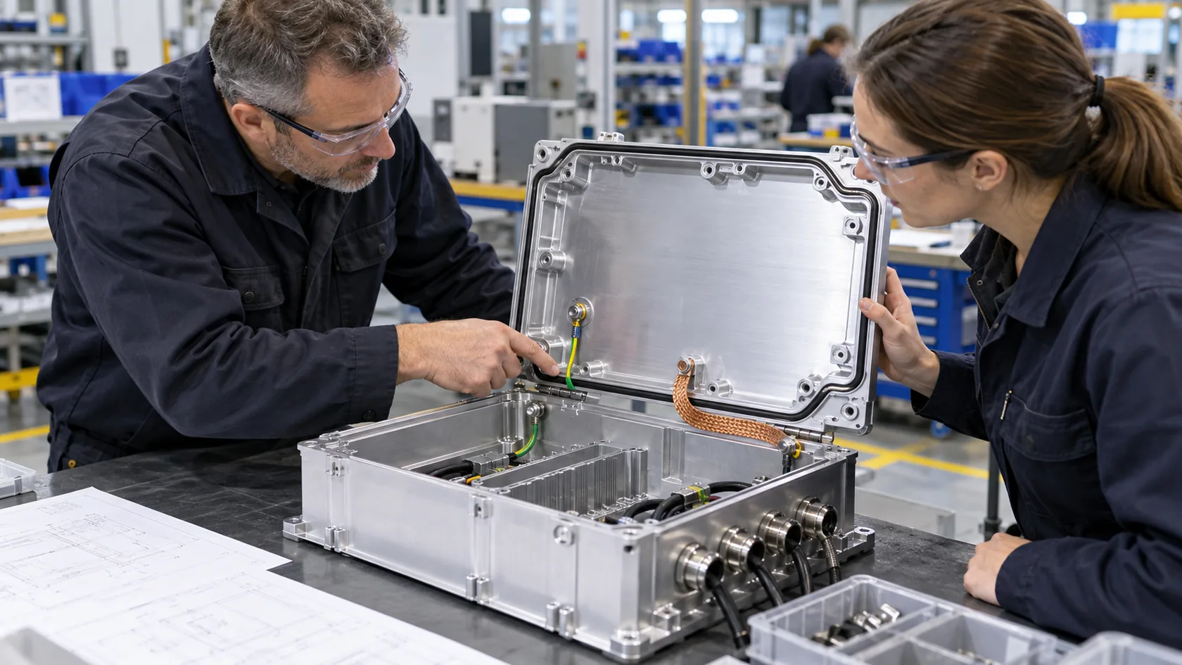 Engineer performing final review of bonding and grounding details on an enclosure first article