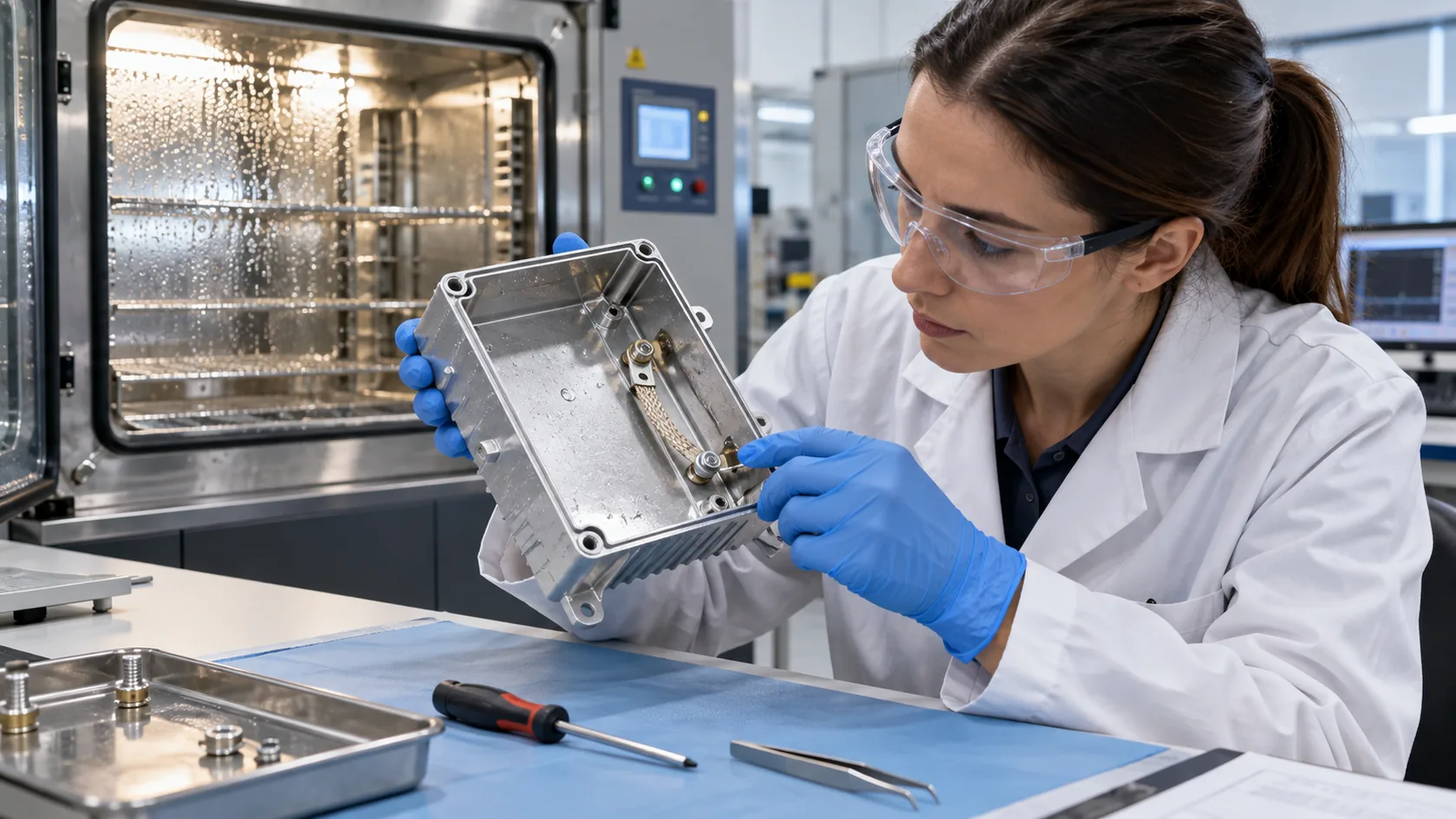 Engineering and quality teams reviewing bonding callouts on an aluminum enclosure drawing