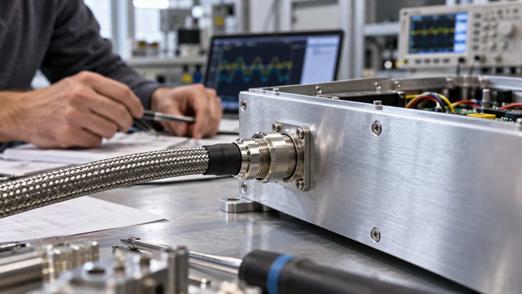 Completed custom aluminum enclosure receiving final bonding and assembly inspection before shipment